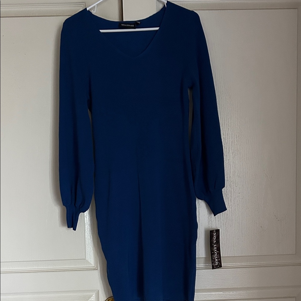 Nina Leonard Royal Blue V-Neck Long-Sleeve Knit Dress